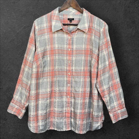 Talbots Top‎ Women Size 2X Multicolor Plaid Button Up Cotton Metallic - Picture 1 of 11